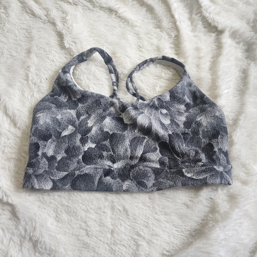 Athleta gray floral print strappy activewear sports bra size large